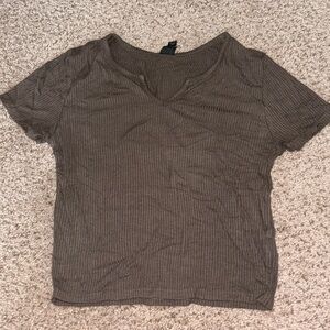 Olive Green Ribbed V-Neck Short Sleeve